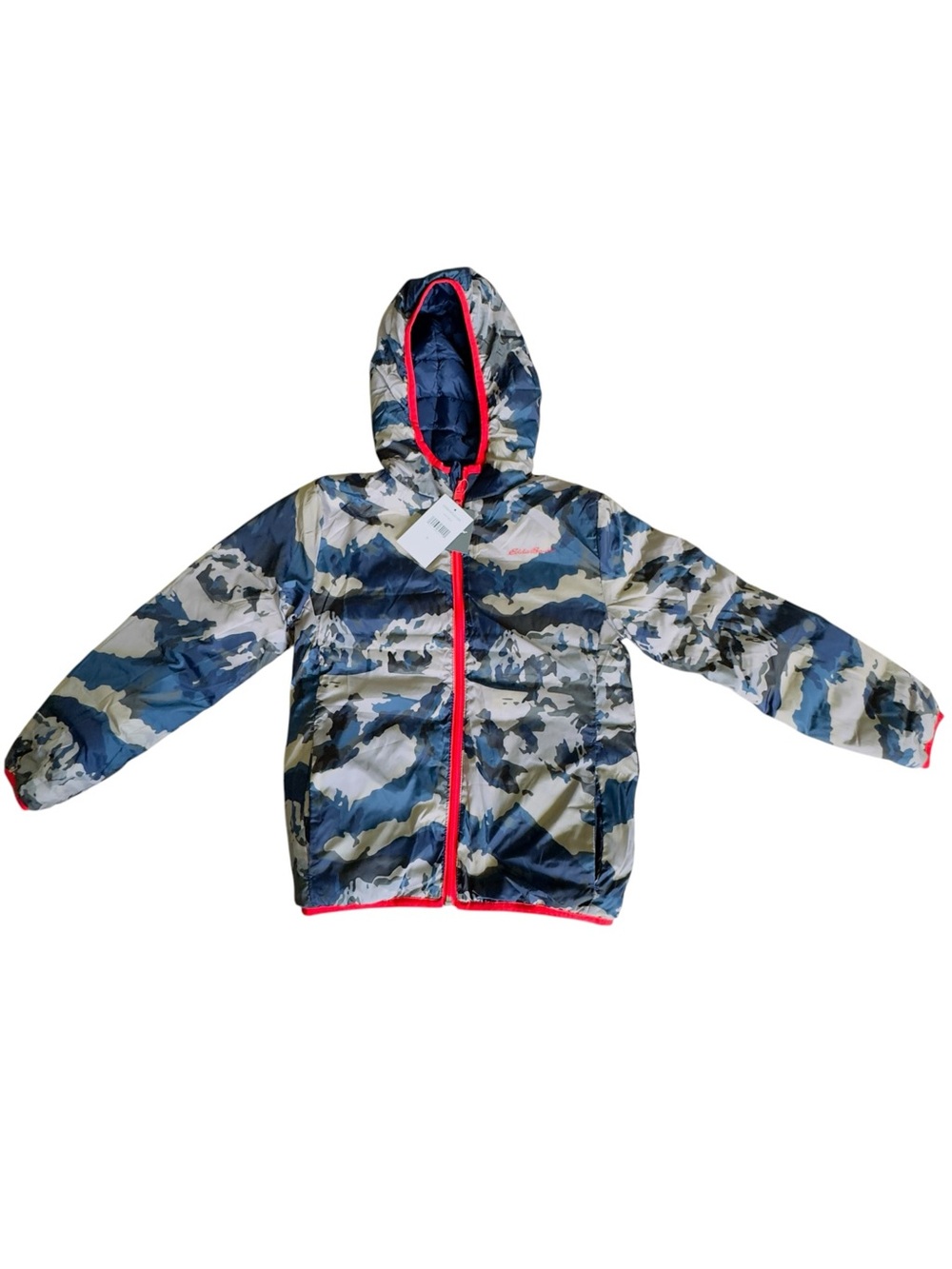 Eddie Bauer Kids Reversible Puffer Jacket in Navy and Camo with Red Trim